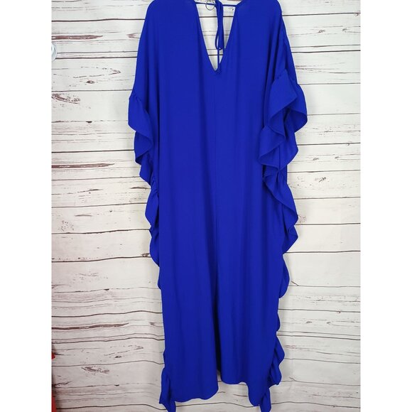 Boutique Flowing Blue Ruffled Kaftan Dress With V-Neck & Tie Back High Low - Picture 3 of 11